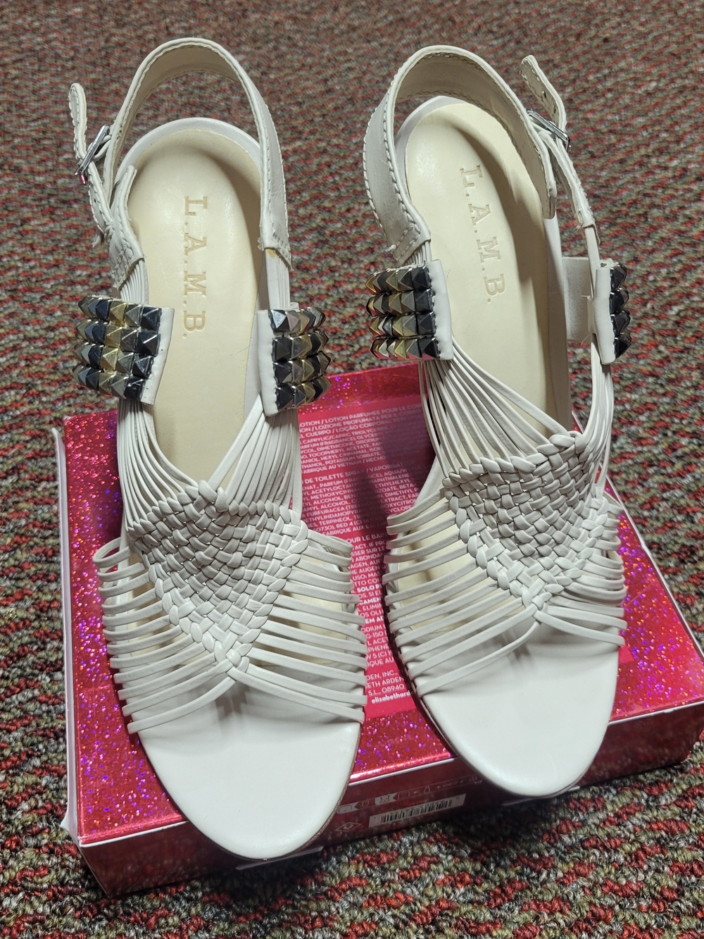 L.A.M.B. White Woven Slingback Sandals with Metallic Stud Accents